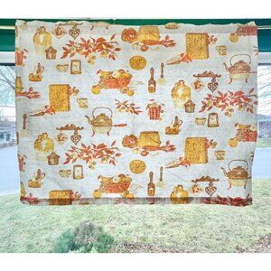 Vintage 1970s curtain, brown orange kitchen appliances pattern, rod header panel